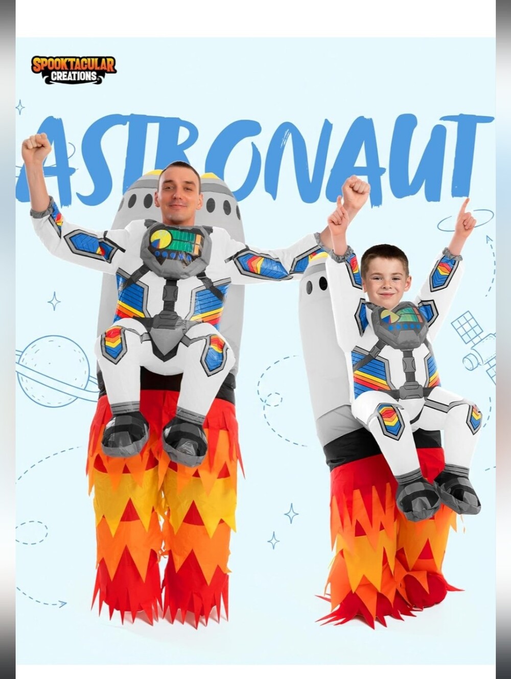 Inflatable Astronaut Ride-On Kids Costume - White with Flame Jetpack Size 7-10yr